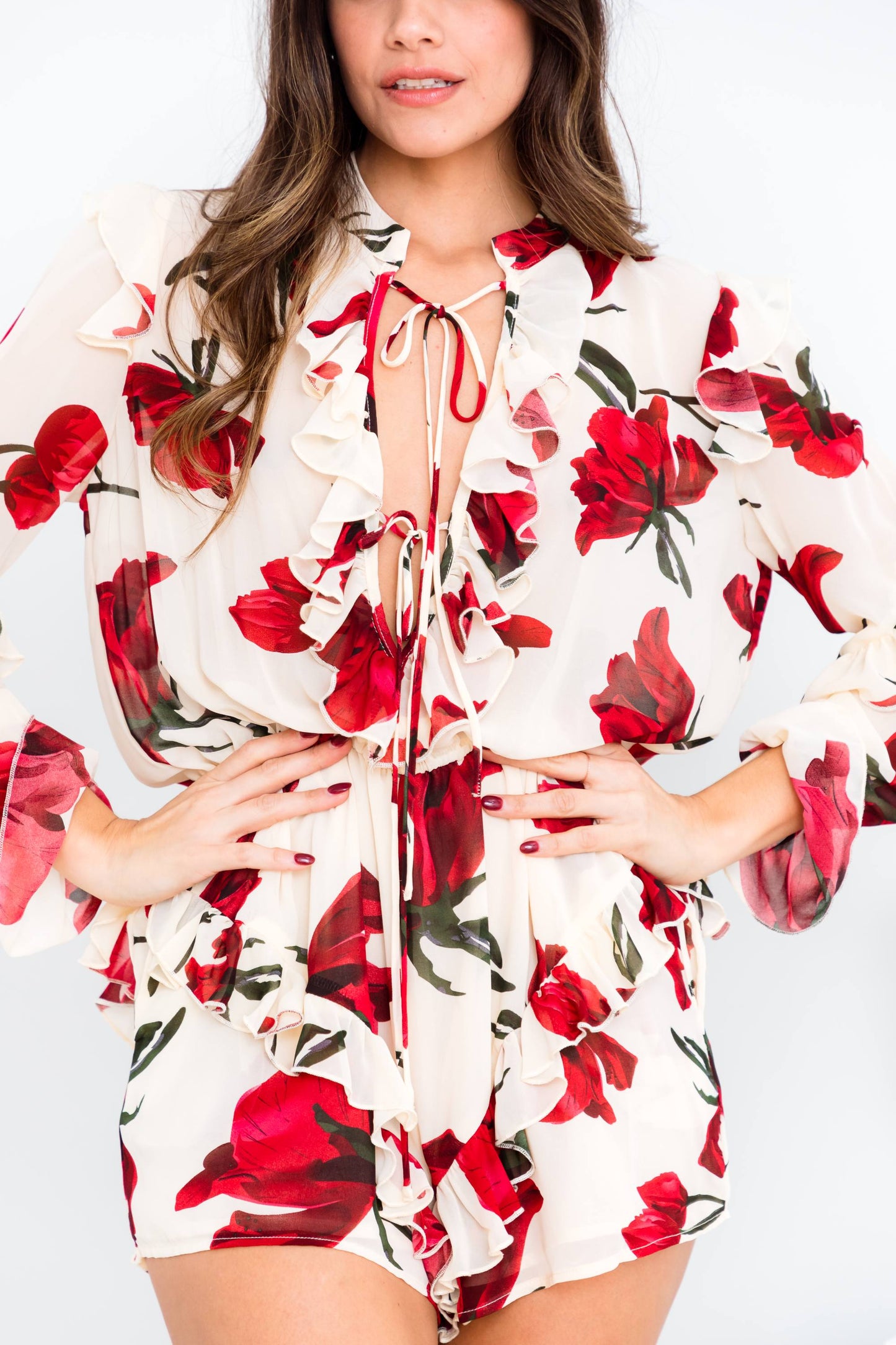 Sophisticated Red-Flowered Romper